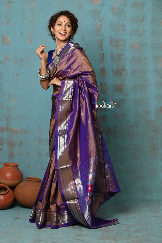 Tyohaar ~ Chandrakala: Handloom Pure Silk Paithani Saree with Traditional Peacock Pallu ~ Dual Tone Purple (By Government Certified Weavers)