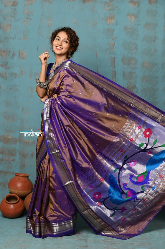 Tyohaar ~ Chandrakala: Handloom Pure Silk Paithani Saree with Traditional Peacock Pallu ~ Dual Tone Purple (By Government Certified Weavers)