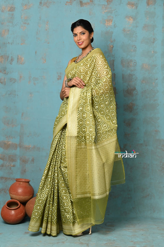 Tejaswi ~ Exclusive High Quality Handloom Banarasi Cotton Saree with Beautiful Abstract Print- Leaf Green