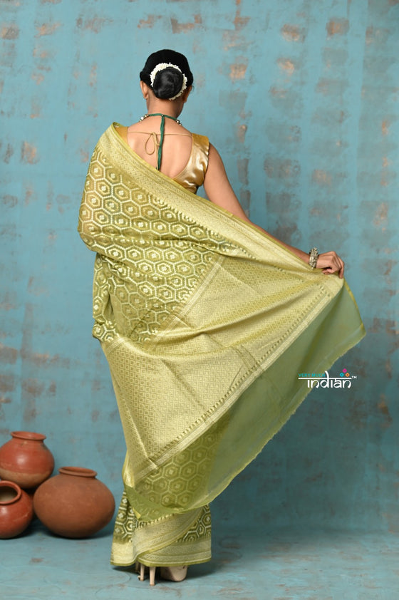 Tejaswi ~ Exclusive High Quality Handloom Banarasi Cotton Saree with Beautiful Abstract Print- Leaf Green