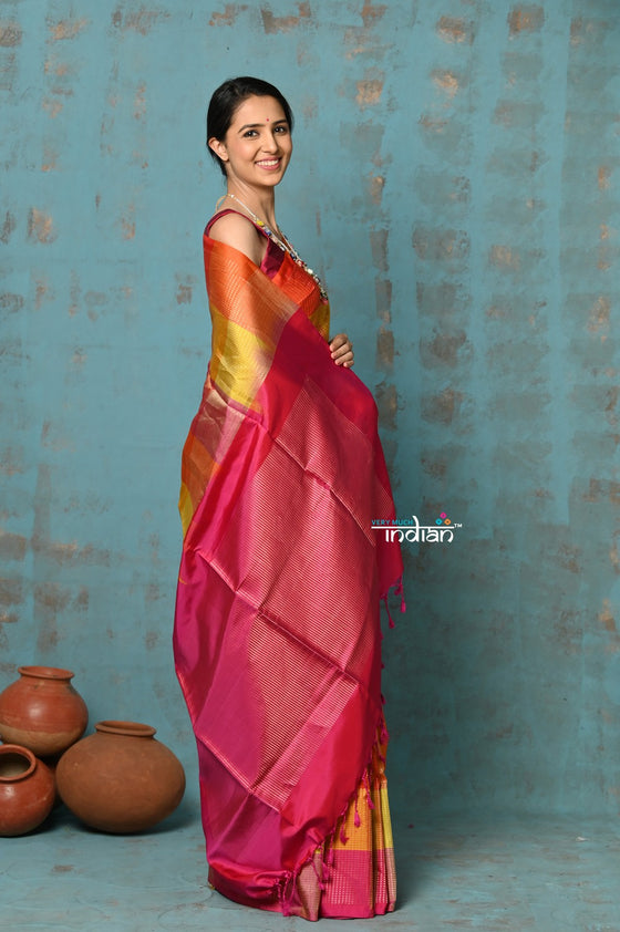 Anokhi ~ Handloom Pure Soft Silk Saree with Designer Pallu ~ Multi Color Yellow & Pink (Limited Edition)