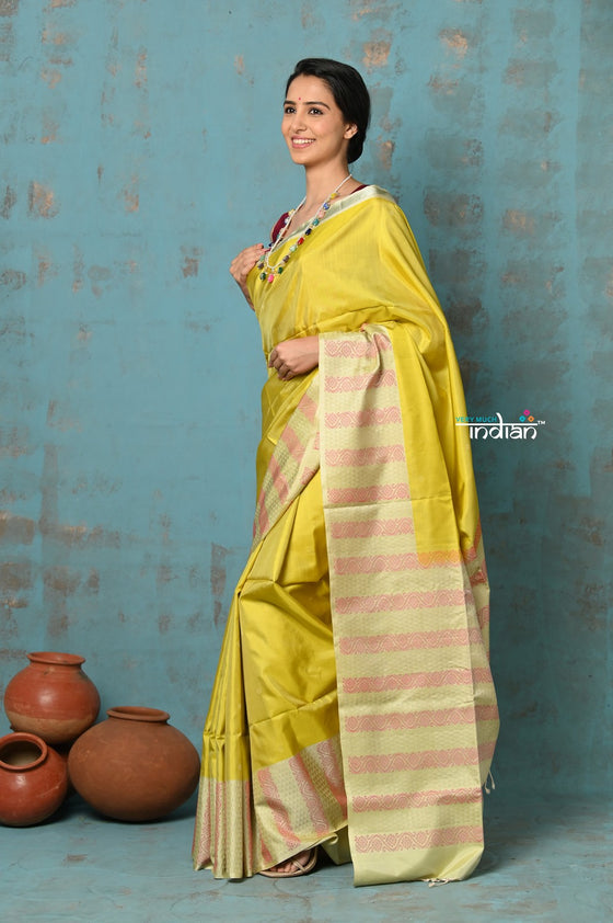 Anokhi ~ Handloom Pure Soft Silk Saree with Designer Pallu ~ Lime Green (Limited Edition)