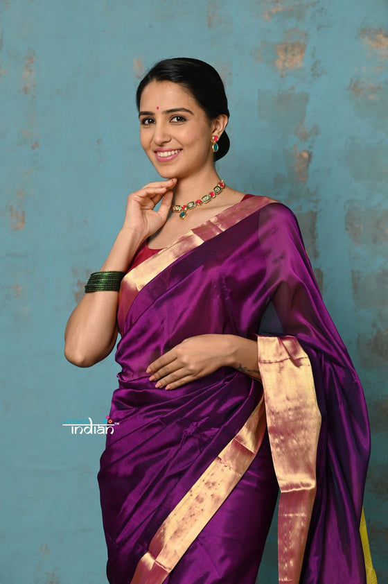 Prerna ~ Handloom Pure Chanderi Cotton Silk Saree With Golden Border - Soft Plum