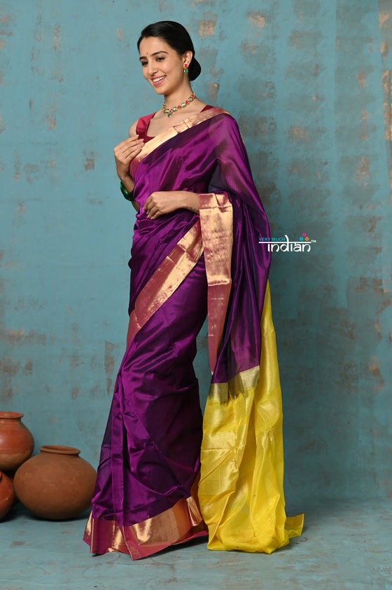 Prerna ~ Handloom Pure Chanderi Cotton Silk Saree With Golden Border - Soft Plum