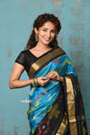 Anokhi ~ Handloom Pure Soft Silk Saree Ikkat weave with golden border ~ Dream Blue & Black (Limited Edition)