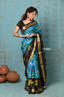  Anokhi ~ Handloom Pure Soft Silk Saree Ikkat weave with golden border ~ Dream Blue & Black (Limited Edition)