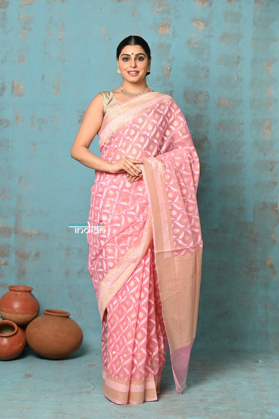 Tejaswi ~ Exclusive High Quality Handloom Banarasi Cotton Saree with Beautiful Abstract Print- Soft Pink