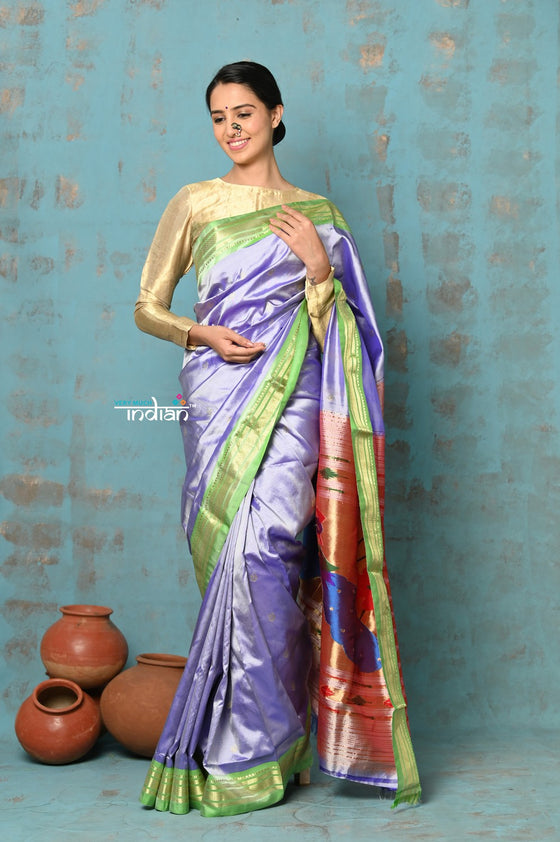 Tyohaar ~ Chandrakala: Handloom Pure Silk Paithani Saree with Traditional Peacock Pallu ~ Dual Tone Lavender (By Government Certified Weavers)