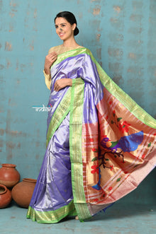  Tyohaar ~ Chandrakala: Handloom Pure Silk Paithani Saree with Traditional Peacock Pallu ~ Dual Tone Lavender (By Government Certified Weavers)