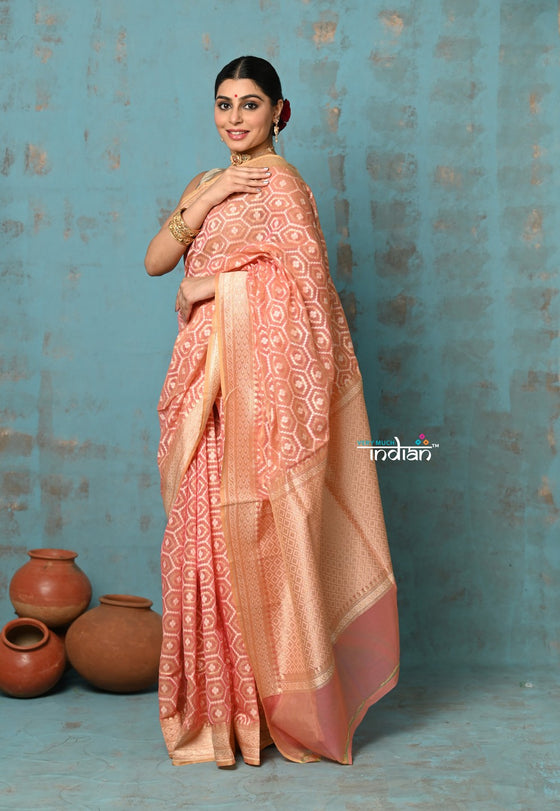 Tejaswi ~ Exclusive High Quality Handloom Banarasi Cotton Saree with Beautiful Abstract Print- Salient Peach