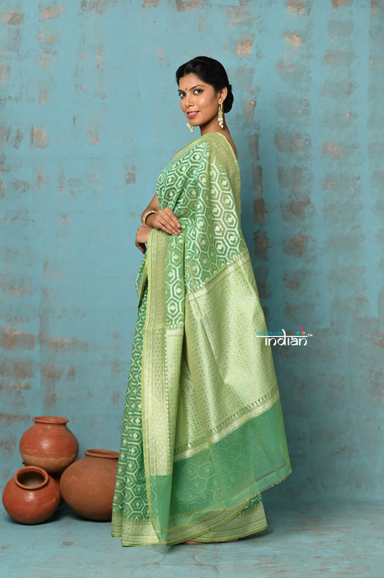 Tejaswi ~ Exclusive High Quality Handloom Banarasi Cotton Saree with Beautiful Abstract Print- Sage Green