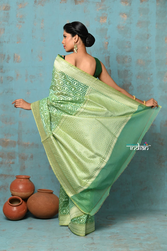 Tejaswi ~ Exclusive High Quality Handloom Banarasi Cotton Saree with Beautiful Abstract Print- Sage Green