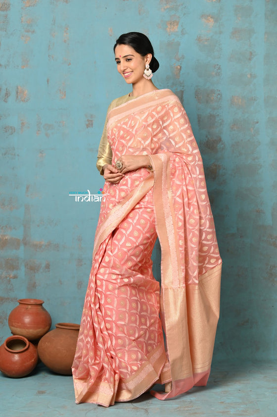 Tejaswi ~ Exclusive High Quality Handloom Banarasi Cotton Saree with Beautiful Abstract Print- Ombre Peach