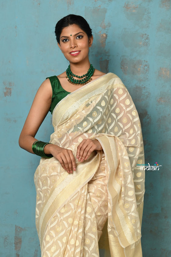 Tejaswi ~ Exclusive High Quality Handloom Banarasi Cotton Saree with Beautiful Abstract Print- Ivory