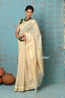  Tejaswi ~ Exclusive High Quality Handloom Banarasi Cotton Saree with Beautiful Abstract Print- Ivory