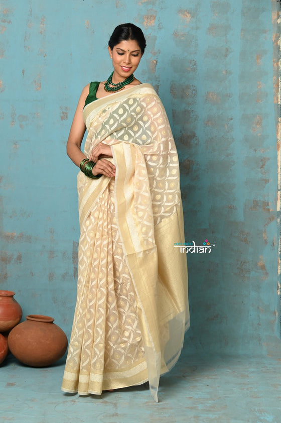 Tejaswi ~ Exclusive High Quality Handloom Banarasi Cotton Saree with Beautiful Abstract Print- Ivory