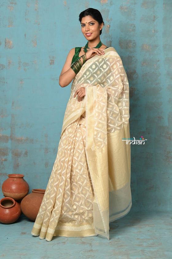 Tejaswi ~ Exclusive High Quality Handloom Banarasi Cotton Saree with Beautiful Abstract Print- Ivory