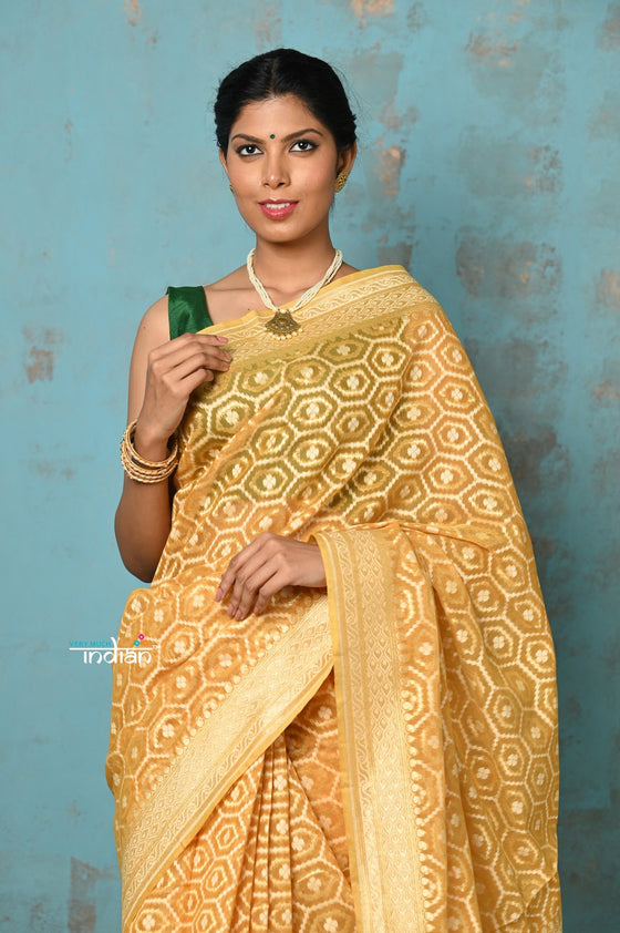 Tejaswi ~ Exclusive High Quality Handloom Banarasi Cotton Saree with Beautiful Abstract Print- Sunset Yellow