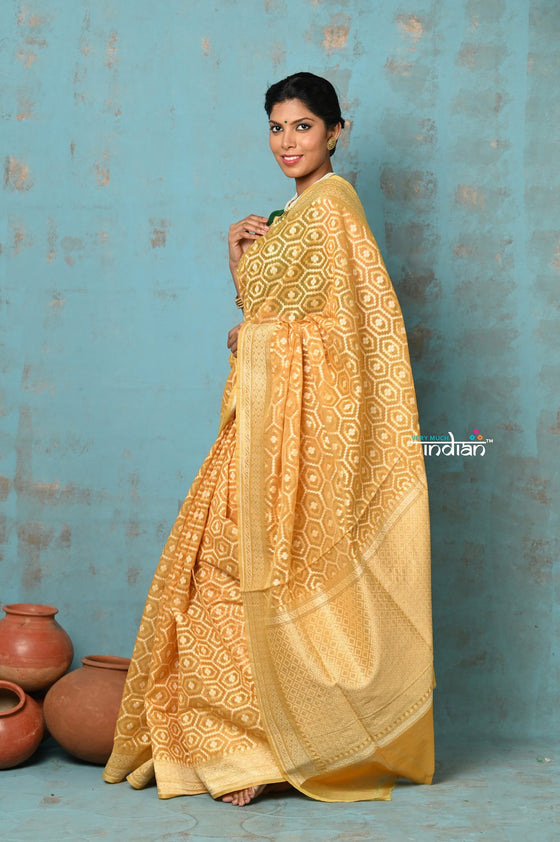 Tejaswi ~ Exclusive High Quality Handloom Banarasi Cotton Saree with Beautiful Abstract Print- Sunset Yellow