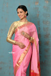 Prerna ~ Handloom Pure Chanderi Cotton Silk Saree With Golden Border - Feather Pink