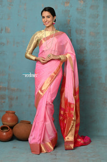  Prerna ~ Handloom Pure Chanderi Cotton Silk Saree With Golden Border - Feather Pink