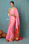 Prerna ~ Handloom Pure Chanderi Cotton Silk Saree With Golden Border - Feather Pink