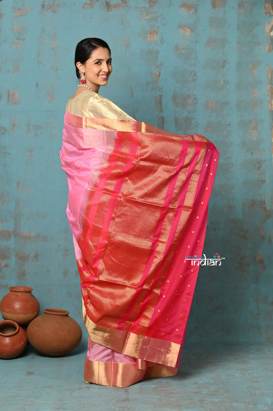 Prerna ~ Handloom Pure Chanderi Cotton Silk Saree With Golden Border - Feather Pink