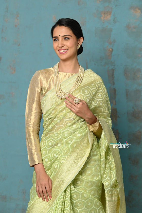 Tejaswi ~ Exclusive High Quality Handloom Banarasi Cotton Saree with Beautiful Abstract Print- Honeydew Green