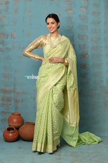  Tejaswi ~ Exclusive High Quality Handloom Banarasi Cotton Saree with Beautiful Abstract Print- Honeydew Green