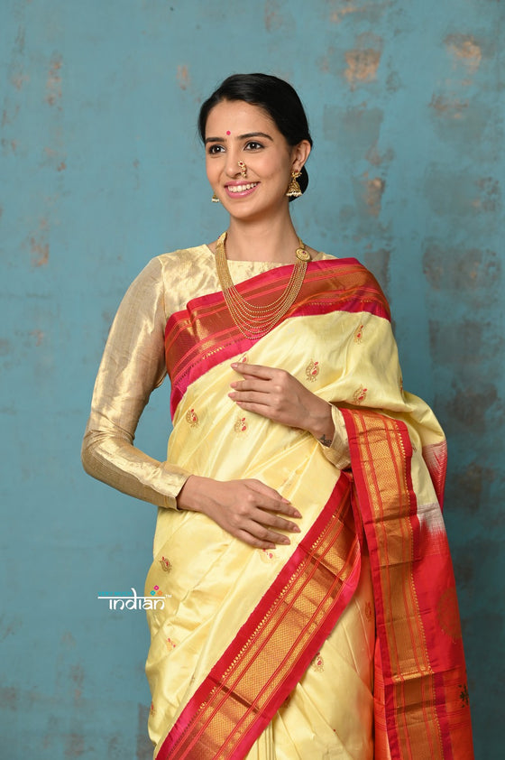 Tyohaar ~ Handloom Pure Silk  Maharani Paithani Saree with Handcrafted Maharani Pallu ~ Royal Yellow