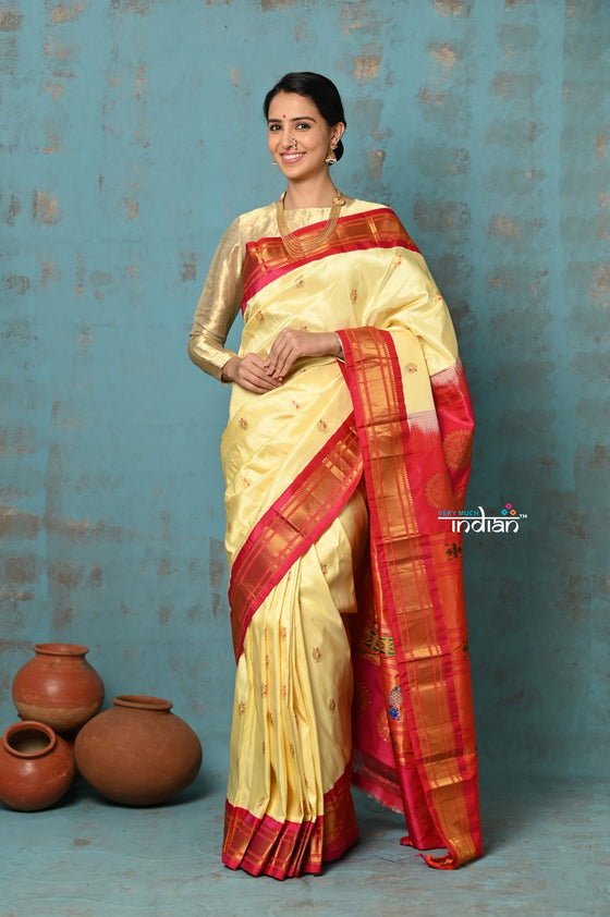 Tyohaar ~ Handloom Pure Silk  Maharani Paithani Saree with Handcrafted Maharani Pallu ~ Royal Yellow