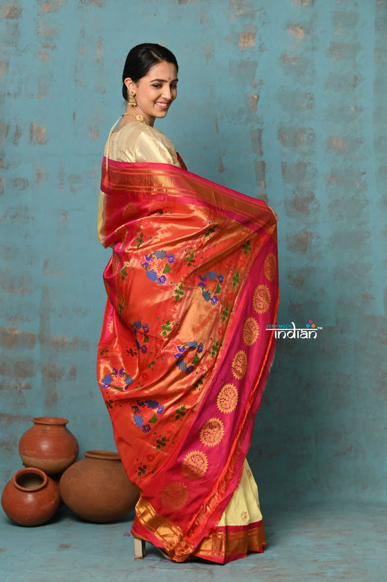 Tyohaar ~ Handloom Pure Silk  Maharani Paithani Saree with Handcrafted Maharani Pallu ~ Royal Yellow