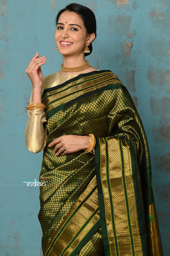 Tyohaar ~ Authentic Pure Silk Handloom Green Brocade Maharani Paithani with Maharani Pallu