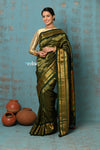 Tyohaar ~ Authentic Pure Silk Handloom Green Brocade Maharani Paithani with Maharani Pallu