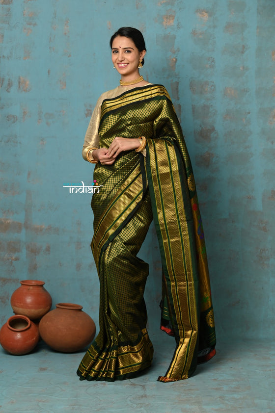 Tyohaar ~ Authentic Pure Silk Handloom Green Brocade Maharani Paithani with Maharani Pallu