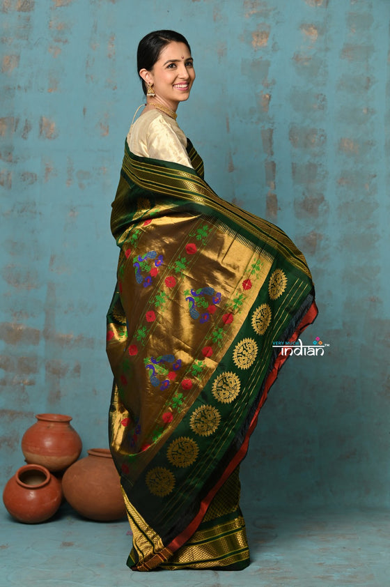 Tyohaar ~ Authentic Pure Silk Handloom Green Brocade Maharani Paithani with Maharani Pallu