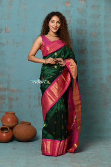  Tyohaar Exclusive ~ Authentic Pure Silk Handloom Green Maharani Paithani with Pink Border & Maharani Pallu