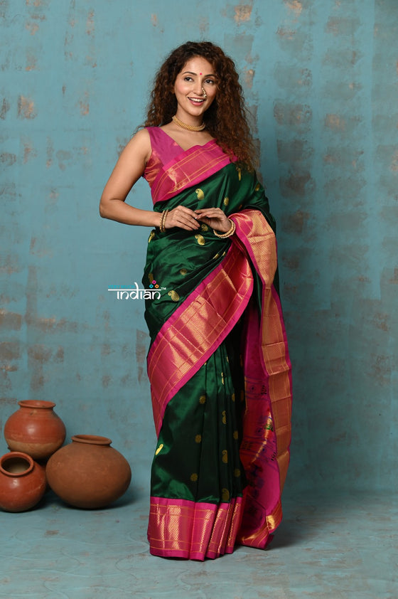 Tyohaar Exclusive ~ Authentic Pure Silk Handloom Green Maharani Paithani with Pink Border & Maharani Pallu