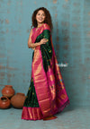 Tyohaar Exclusive ~ Authentic Pure Silk Handloom Green Maharani Paithani with Pink Border & Maharani Pallu