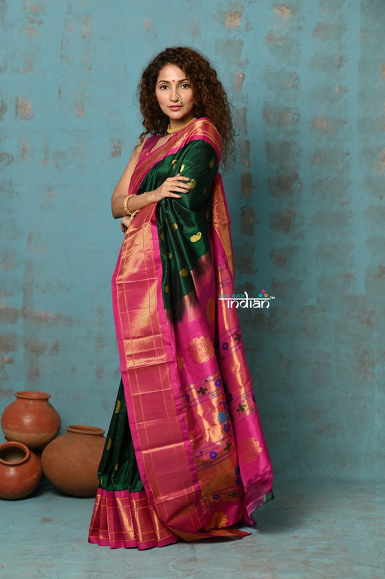 Tyohaar Exclusive ~ Authentic Pure Silk Handloom Green Maharani Paithani with Pink Border & Maharani Pallu