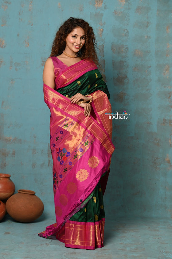 Tyohaar Exclusive ~ Authentic Pure Silk Handloom Green Maharani Paithani with Pink Border & Maharani Pallu