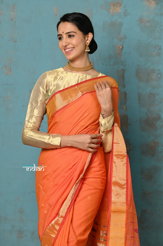 Tyohaar ~ Handloom Pure Cotton Paithani With Asawali Pallu ~ Serene Orange