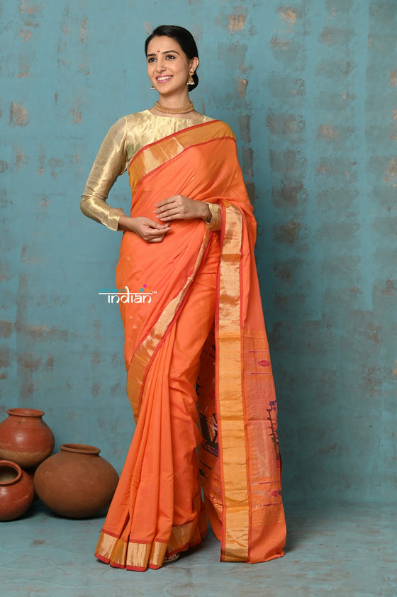 Tyohaar ~ Handloom Pure Cotton Paithani With Asawali Pallu ~ Serene Orange