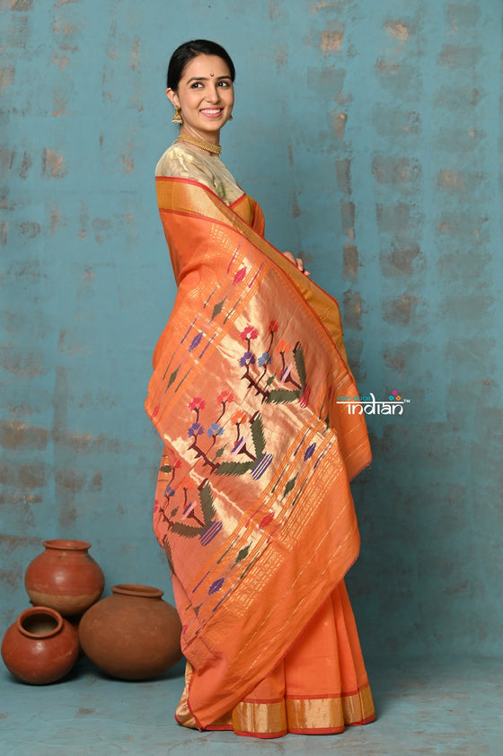 Tyohaar ~ Handloom Pure Cotton Paithani With Asawali Pallu ~ Serene Orange