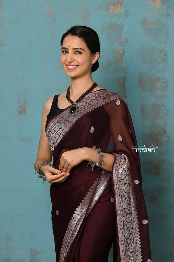 Suhaani ~ Handloom Khaddi Georgette Saree With Sleek Border ~ Maroon (Silk Mark)