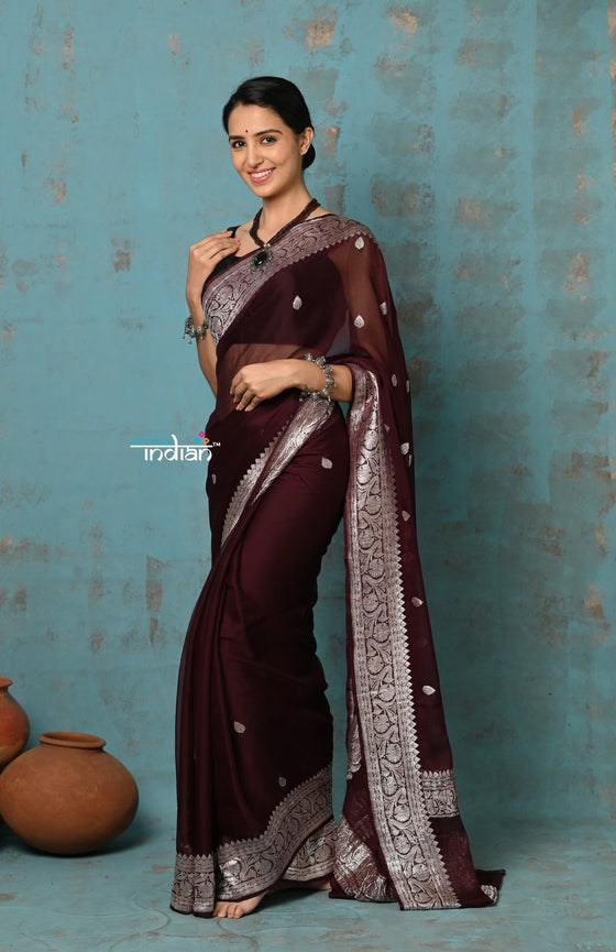 Suhaani ~ Handloom Khaddi Georgette Saree With Sleek Border ~ Maroon (Silk Mark)