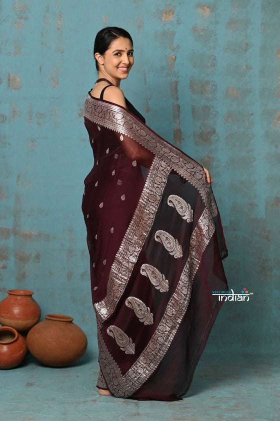 Suhaani ~ Handloom Khaddi Georgette Saree With Sleek Border ~ Maroon (Silk Mark)