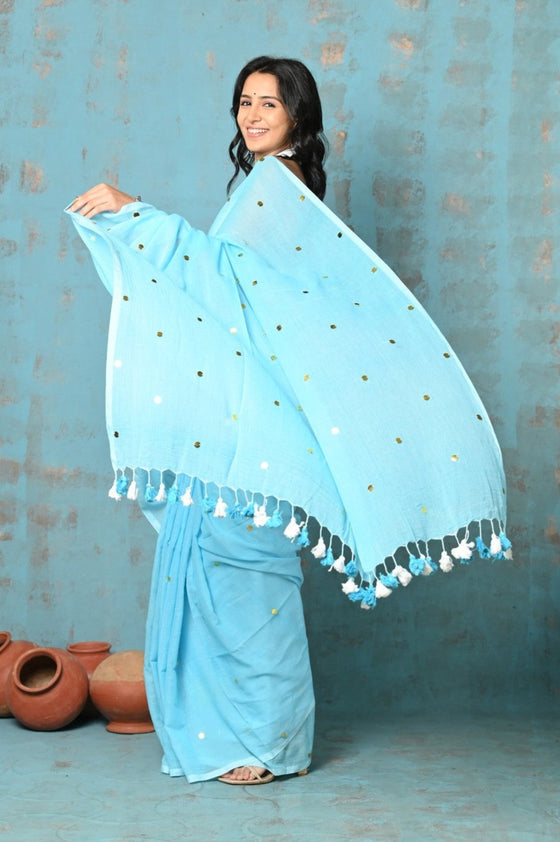 Tyohaar ~ Pure Mul Cotton Handloom Saree - Sky Blue