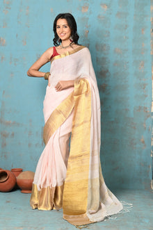  Tyohaar ~ Handloom Pure Organic Linen Saree With Golden Border - Baby Pink (High Quality Linen)