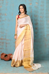 Tyohaar ~ Handloom Pure Organic Linen Saree With Golden Border - Baby Pink (High Quality Linen)